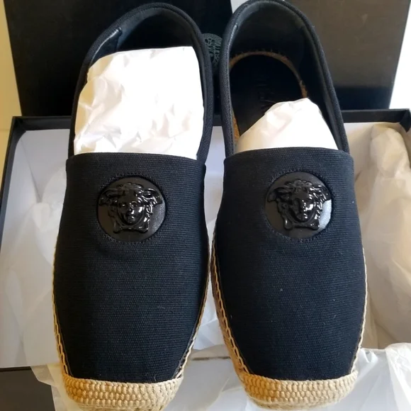 Versace La Medusa Canvas Leather Espadrilles Size 39.5 Black - Picture 2 of 8
